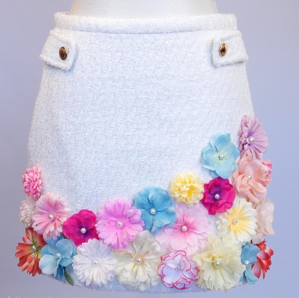 White Tweed Floral Mini Skirt, Bridal, Quiet Luxury Statement Piece
